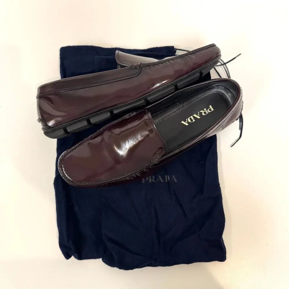 PRADA Shell Cordovan Burgundy Driving Loafer 10 Patent Leather Moccasin Driver
